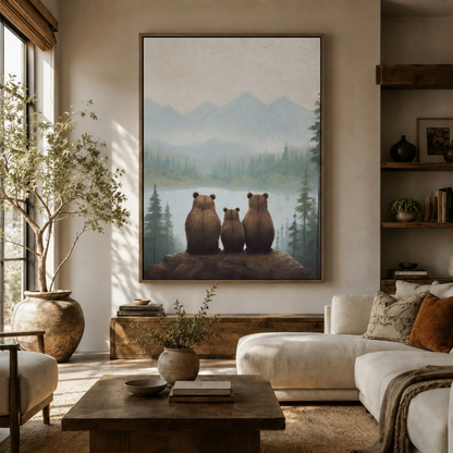 Large bear family wildlife canvas on living room wall above white sofa with olive tree rustic wood shelves and warm afternoon light