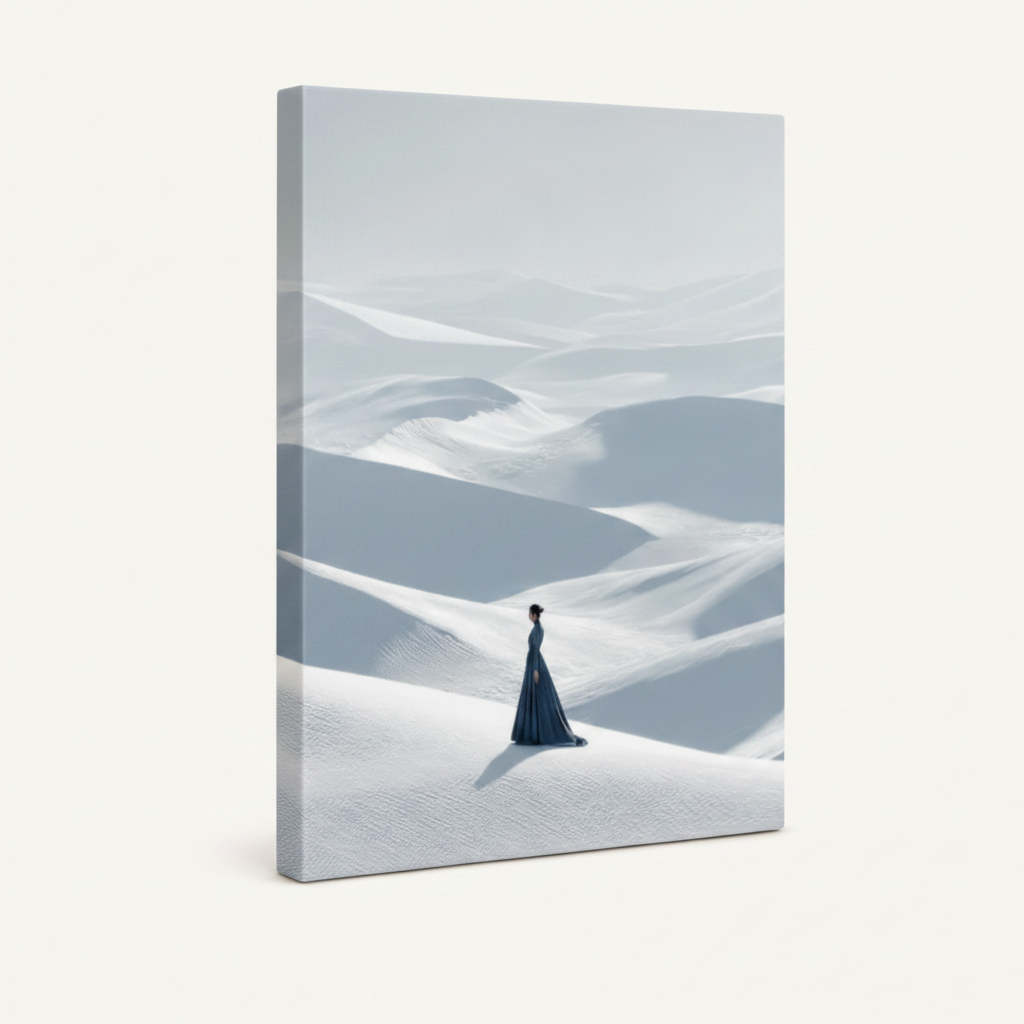 Gallery-wrapped canvas art of minimalist desert solitude scene displayed against white background
