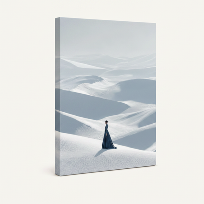 Gallery-wrapped canvas art of minimalist desert solitude scene displayed against white background
