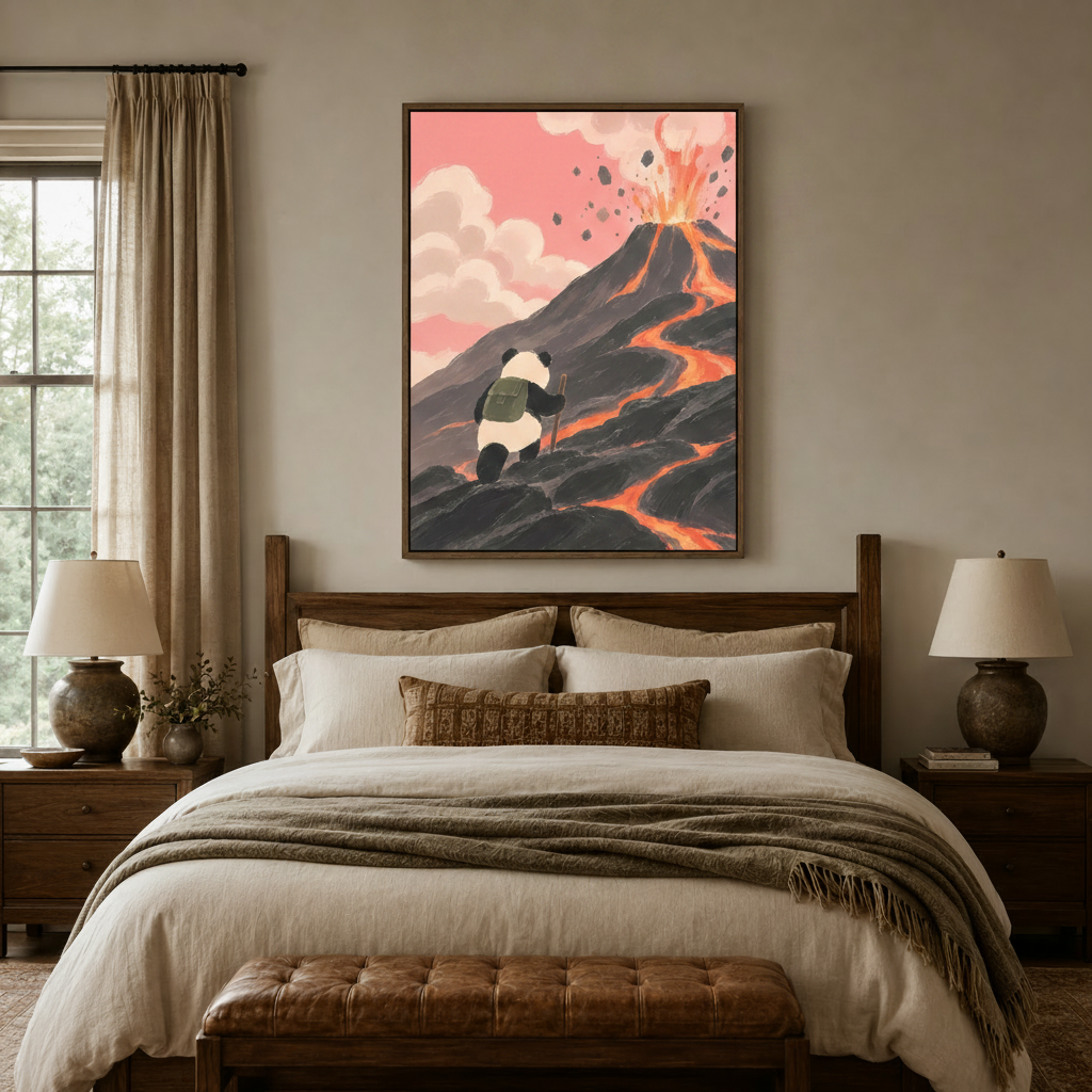 Framed panda adventure canvas art above wooden bed in farmhouse bedroom with ceramic lamps and linen bedding