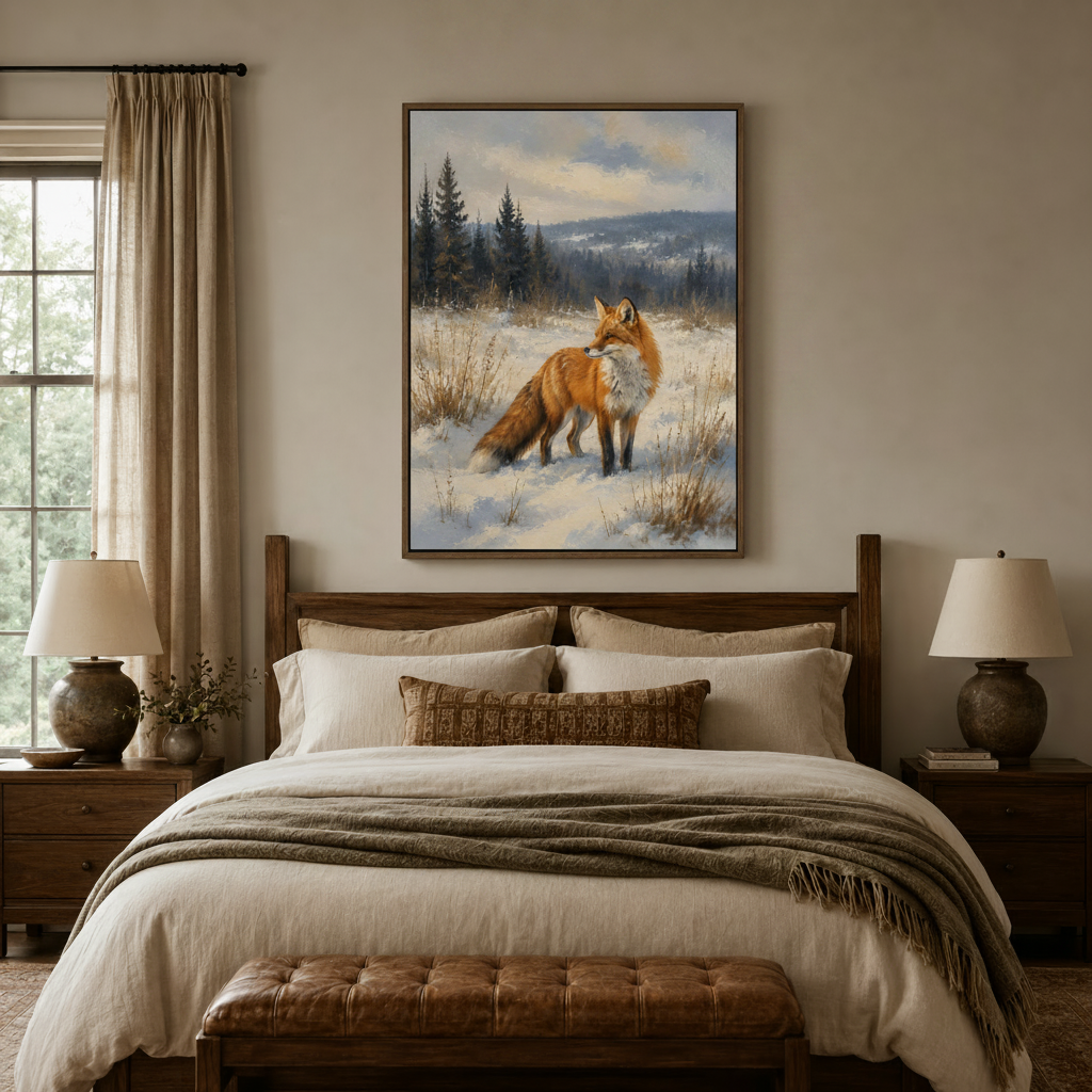 Wildlife fox in snow canvas art above rustic wooden bed in cozy earth-tone bedroom with ceramic lamps