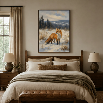 Wildlife fox in snow canvas art above rustic wooden bed in cozy earth-tone bedroom with ceramic lamps