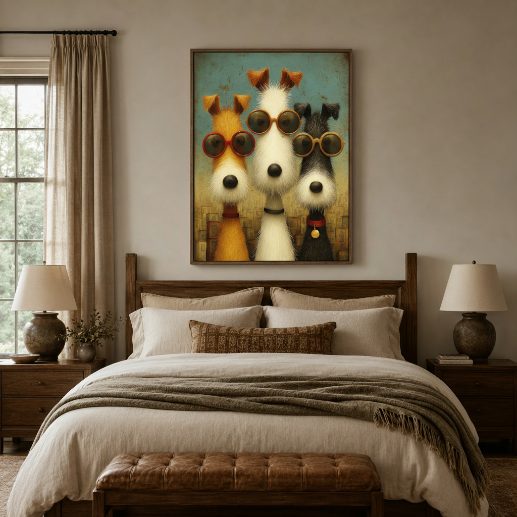 Framed three dogs canvas art above wooden bed in farmhouse bedroom with ceramic lamps and warm linen bedding