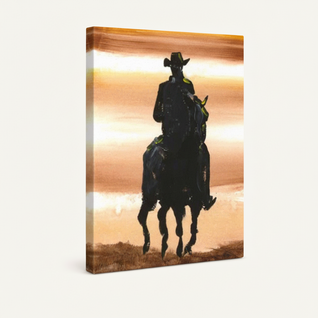 Dark silhouette cowboy painting detail showing expressive brushwork and golden sky