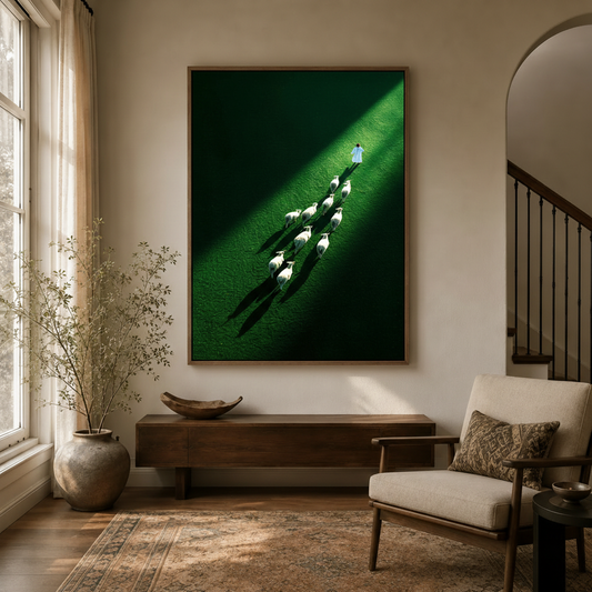 Shepherd sheep aerial canvas wall art displayed in a warm neutral entryway above a wooden console table