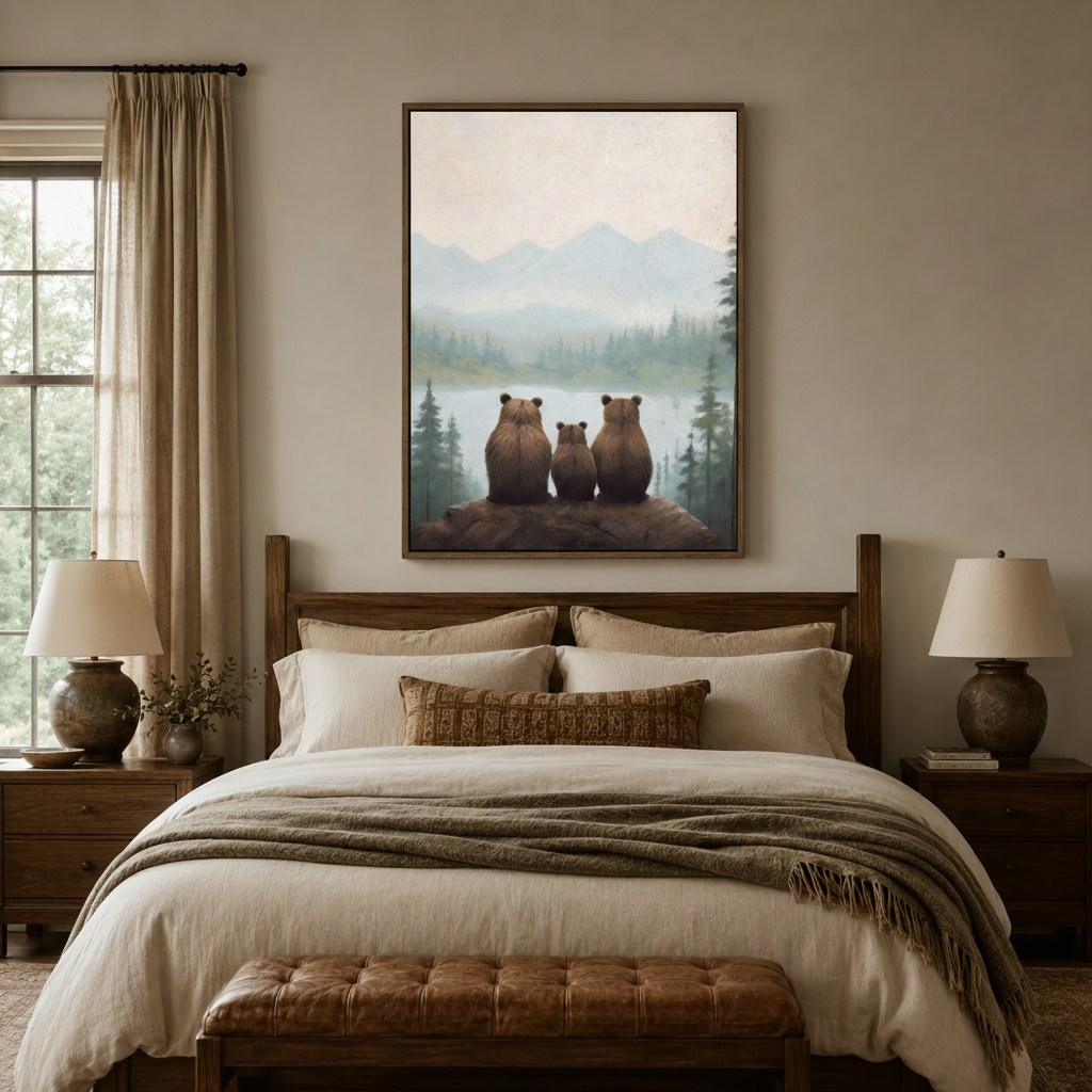 Framed three bears misty mountain canvas art above wooden bed in farmhouse bedroom with ceramic lamps and linen bedding