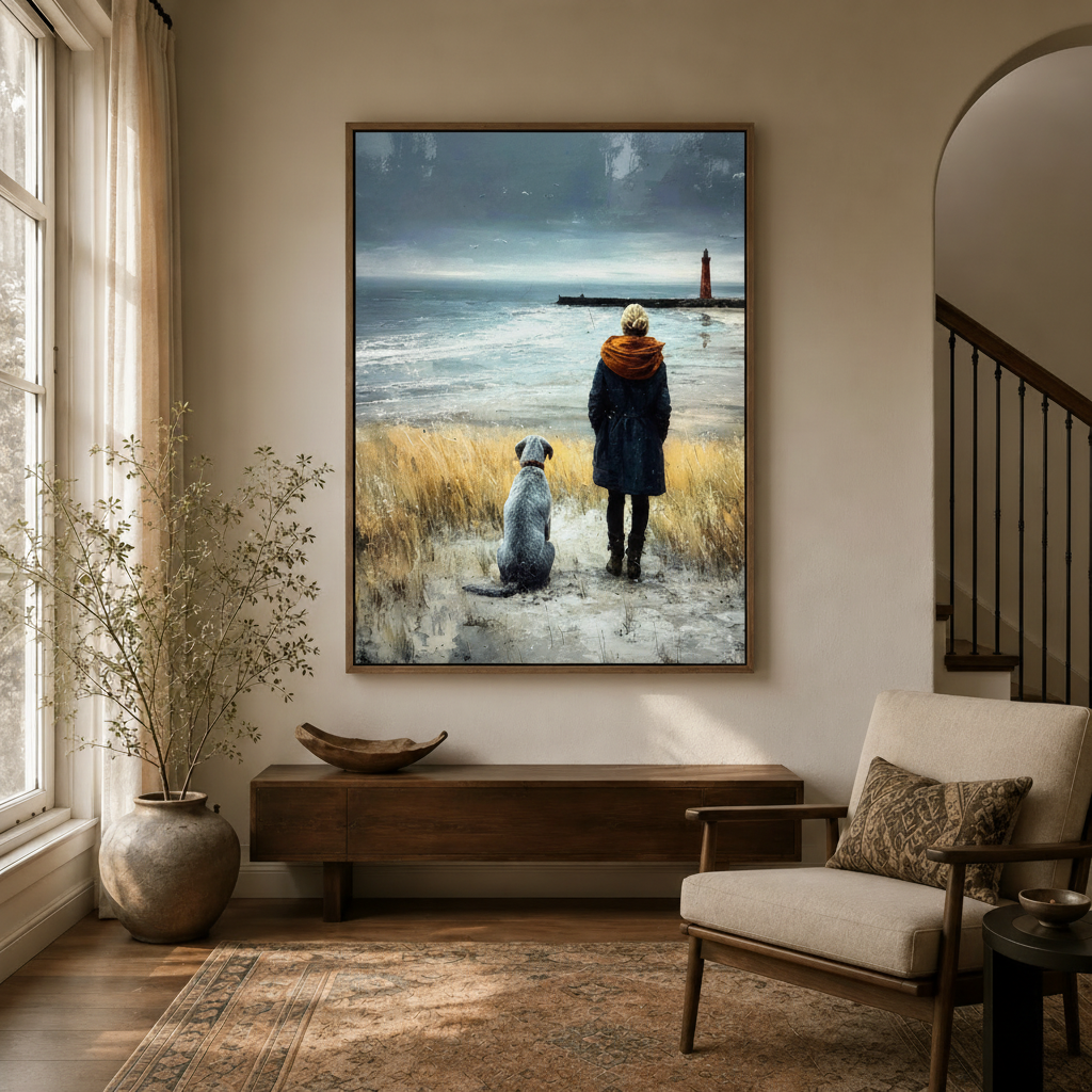 Woman and dog winter beach canvas art in walnut frame above console in warm neutral entryway with arched staircase
