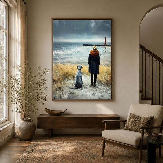 Woman and dog winter beach canvas art in walnut frame above console in warm neutral entryway with arched staircase