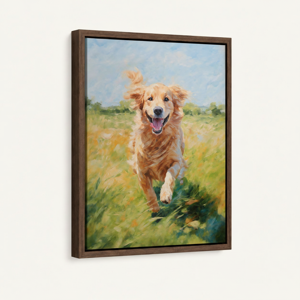 Walnut framed canvas side angle of smiling golden retriever running through sun-drenched green and gold wildflower meadow