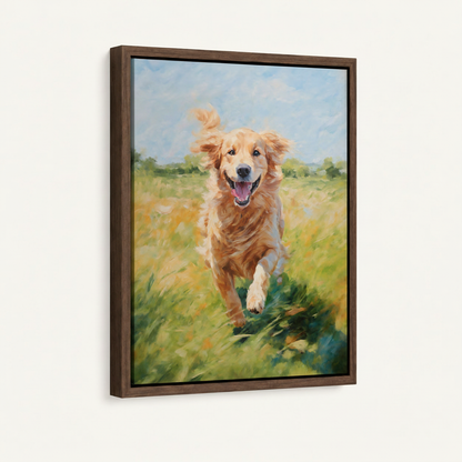 Walnut framed canvas side angle of smiling golden retriever running through sun-drenched green and gold wildflower meadow