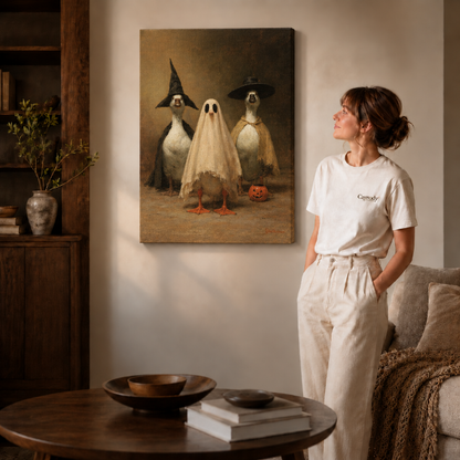 Whimsical duck Halloween artwork on canvas for cozy seasonal home interiors.