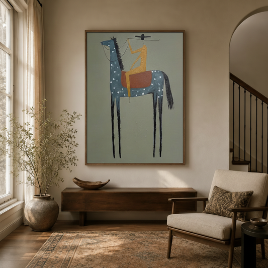 Folk art horse rider abstract canvas wall art in walnut frame above console table in warm neutral entryway