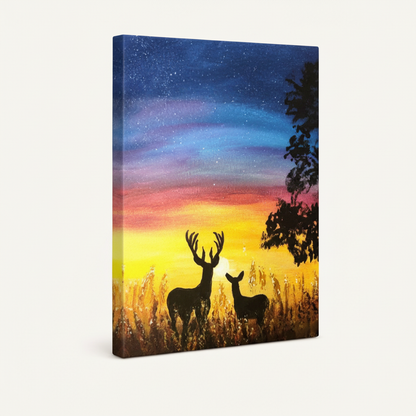 Gallery-wrapped deer silhouette canvas showing colorful sunset sky and golden meadow detail