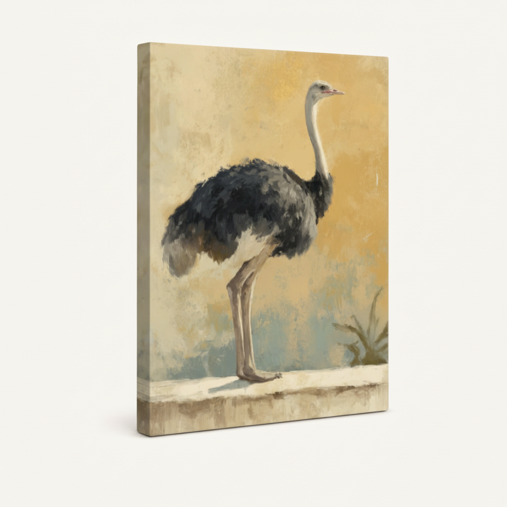 Gallery-wrapped vintage ostrich canvas side view showing warm amber wrap edge and blue-grey plumage