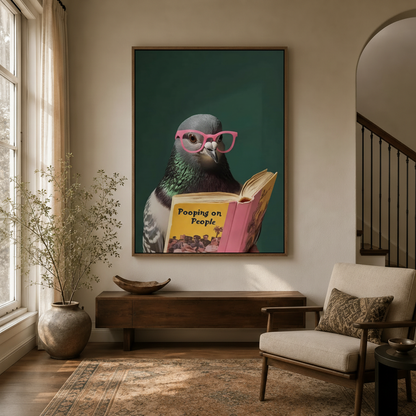 Funny pigeon canvas wall art in wood frame displayed above console table in bright eclectic entryway