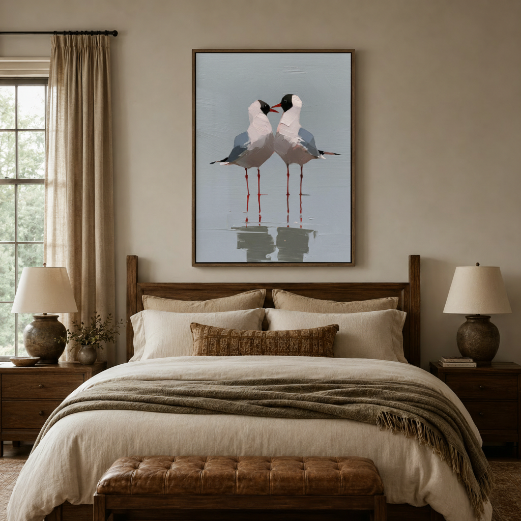 Two seagulls impasto oil painting in dark frame above rustic wood bed in cozy neutral farmhouse bedroom with warm table lamps