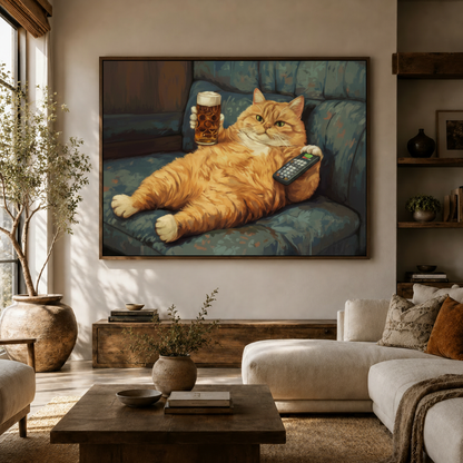 Oversized funny cat beer sofa canvas print displayed above console table in bright boho living room