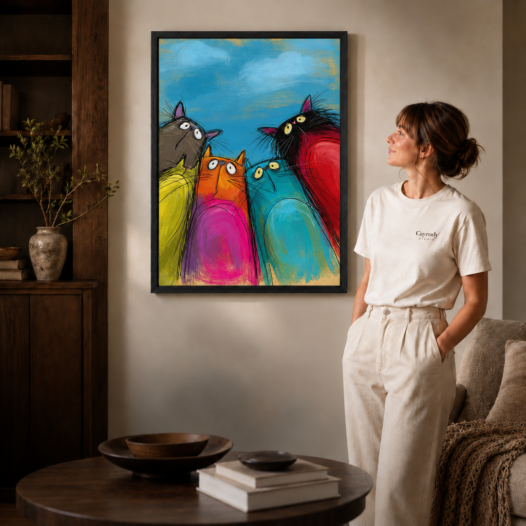 Black-framed painting of four wide-eyed cats hung beside a woman in a cream t-shirt