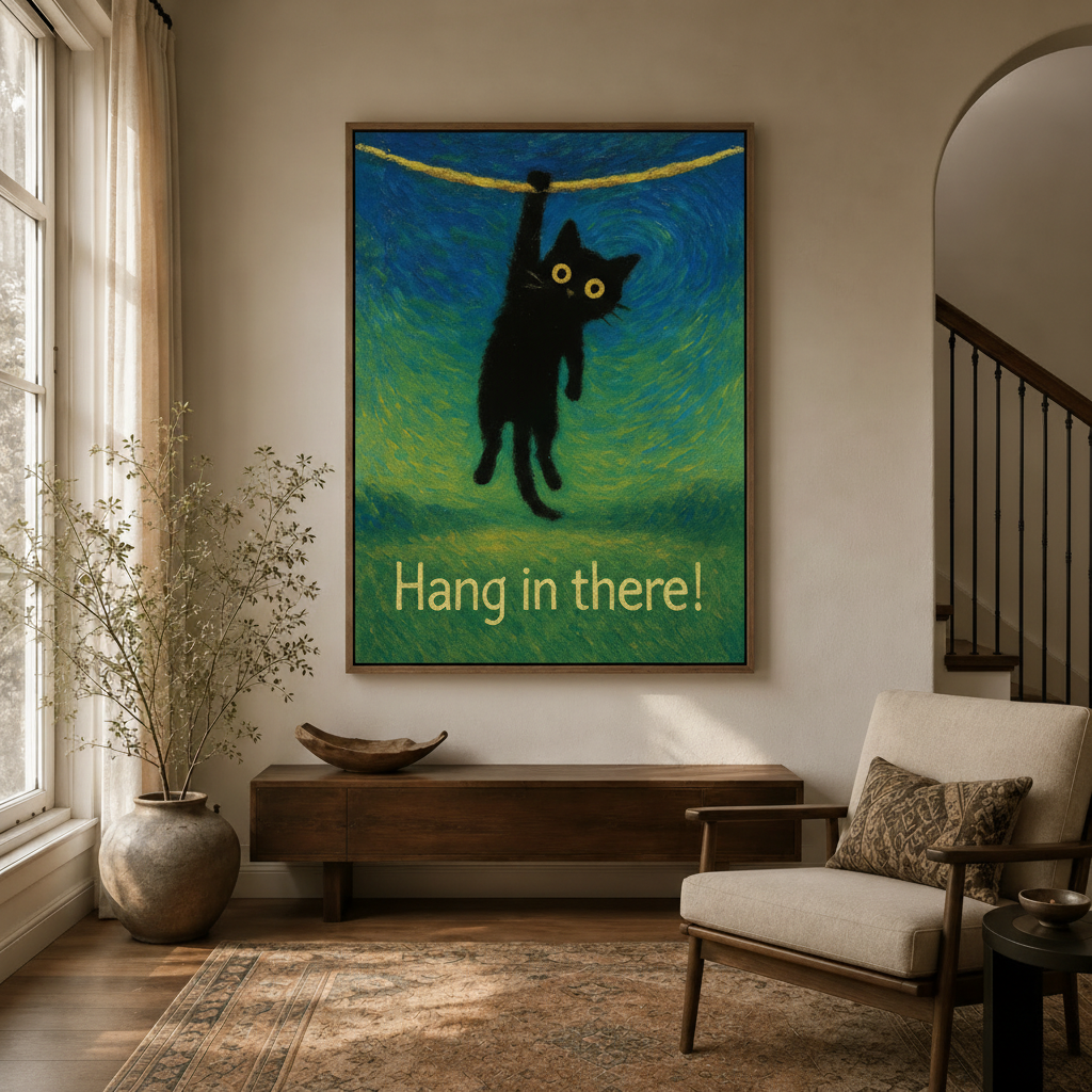 Framed black cat canvas art hanging in a modern entryway with warm neutral tones