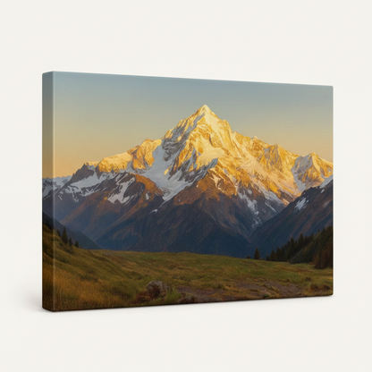 Gallery-wrapped canvas print of realist snow mountain sunrise landscape shown at side angle on white background
