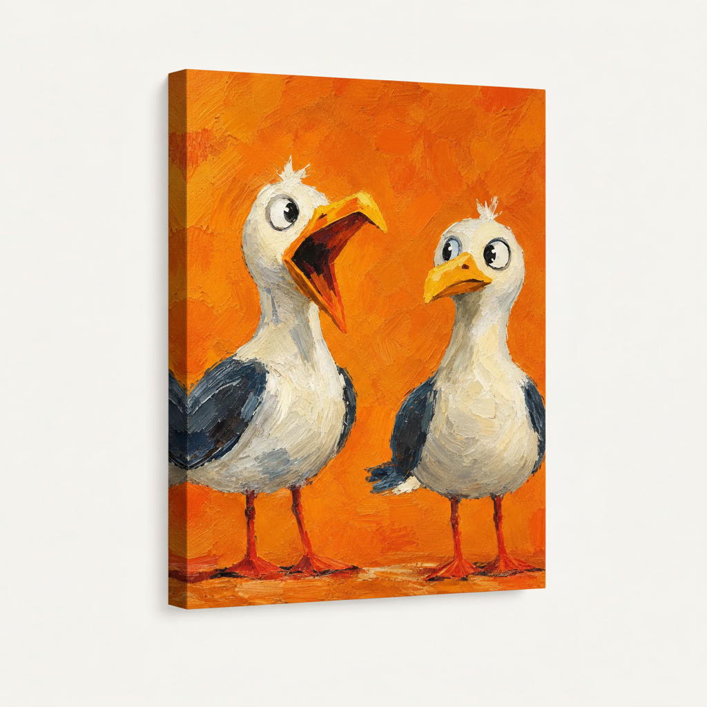 Gallery wrapped canvas print of two funny seagulls in bold impasto oil painting style on vibrant orange background, angled side view