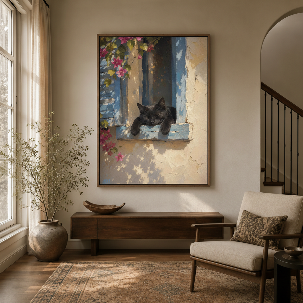 Impressionist black cat canvas print in wood frame displayed above console table in warm neutral entryway