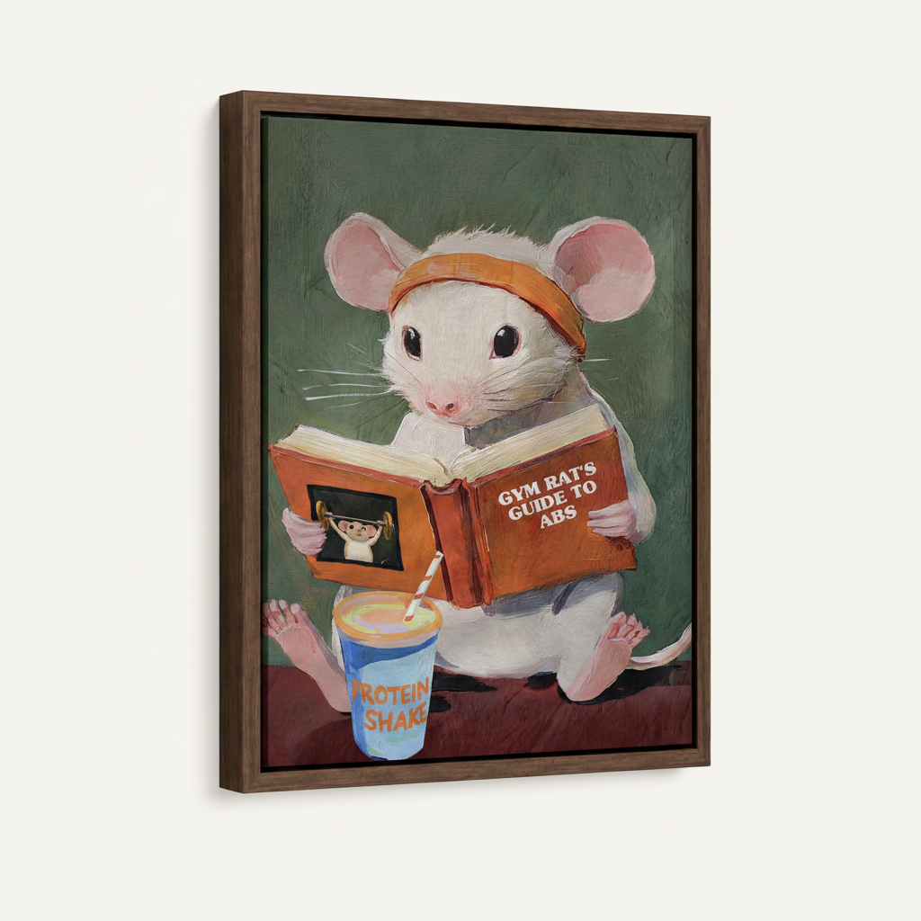 Funny gym rat mouse canvas in dark walnut float frame shown at angle on clean white background