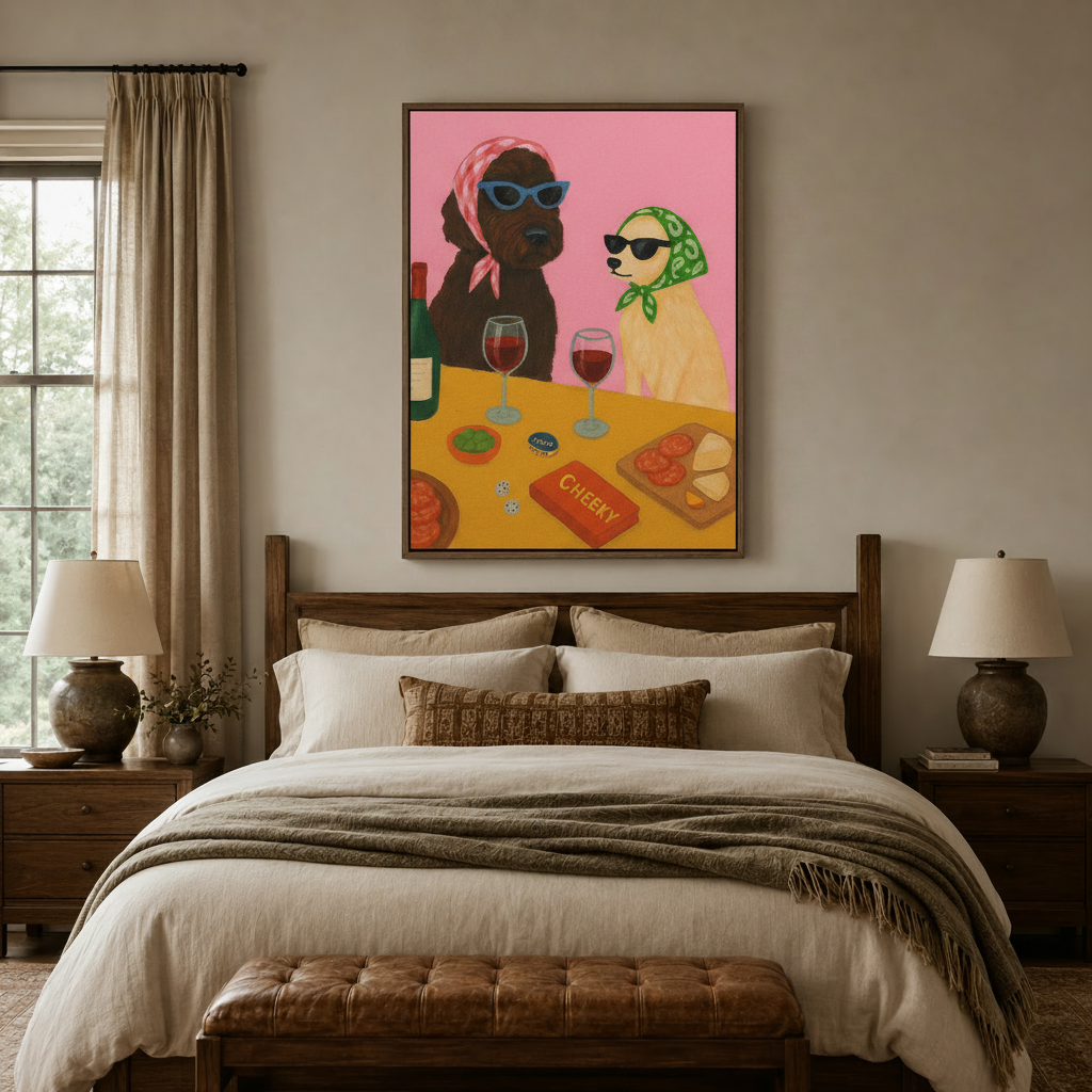 Cheeky dogs wine party wall art hanging above wooden bed frame in cozy neutral bedroom with dual nightstand lamps