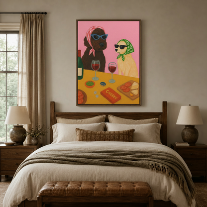 Cheeky dogs wine party wall art hanging above wooden bed frame in cozy neutral bedroom with dual nightstand lamps