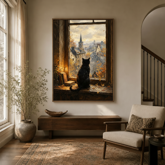 Framed black cat window autumn city canvas print hung above wood console in a warm neutral entryway with arch