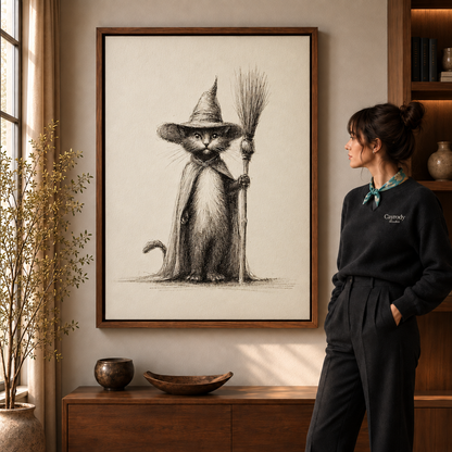 Walnut-framed witch cat canvas wall art above a wooden cabinet beside a woman in black.