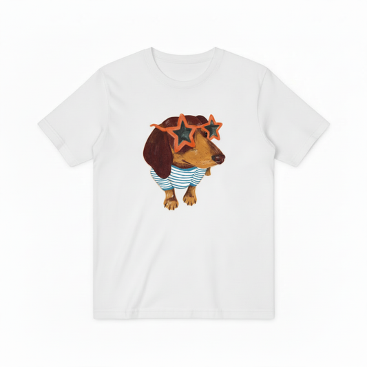 Quirky Wiener Dog Star Sunglasses Graphic T-Shirt T6008