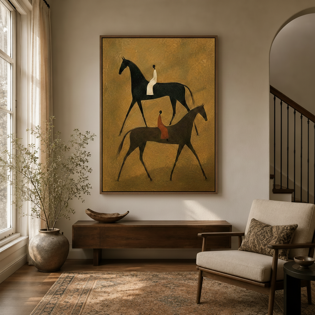 Minimalist equestrian canvas art in walnut frame above console in warm neutral entryway with arched doorway