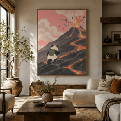 Large whimsical panda volcano canvas on living room wall above white sofa with olive tree and rustic wood shelving