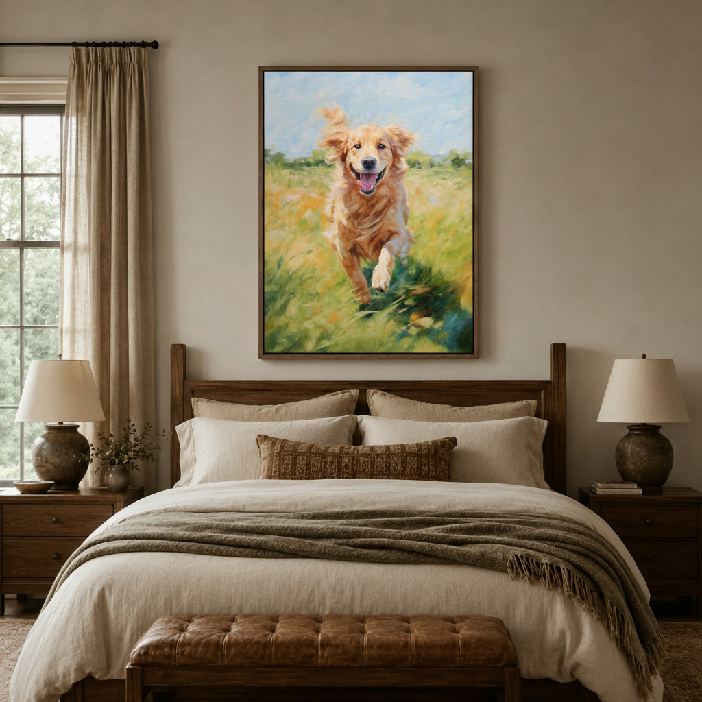 Framed golden retriever running canvas art above wooden bed in farmhouse bedroom with ceramic lamps and linen bedding