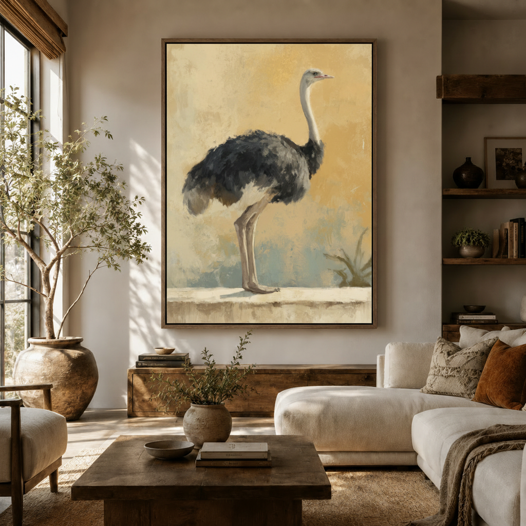 Large vintage ostrich painting canvas print above white sofa in earthy living room with natural light