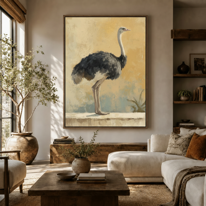 Large vintage ostrich painting canvas print above white sofa in earthy living room with natural light