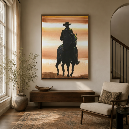 Framed cowboy canvas print hanging in neutral-tone entryway with warm sunset tones