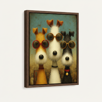 Walnut framed canvas side angle of three dogs wearing oversized round sunglasses against teal textured retro background