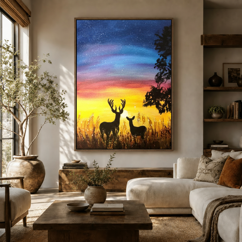 Large wildlife wall art with deer silhouette and starry sunset hanging in bright farmhouse living room