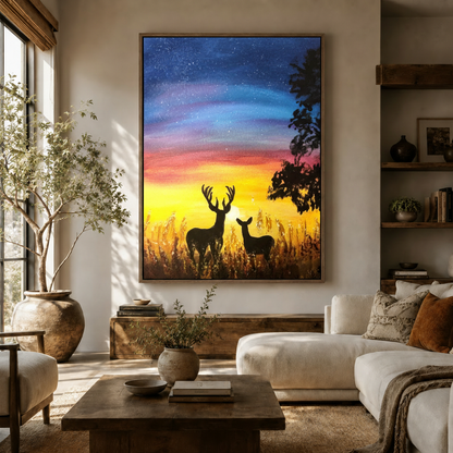 Large wildlife wall art with deer silhouette and starry sunset hanging in bright farmhouse living room