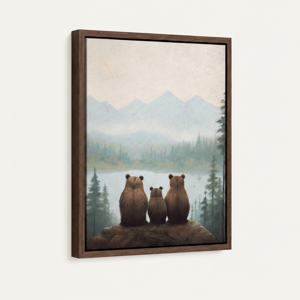 Walnut framed canvas side angle of two adult bears and cub sitting on rock overlooking misty pine forest and mountain lake