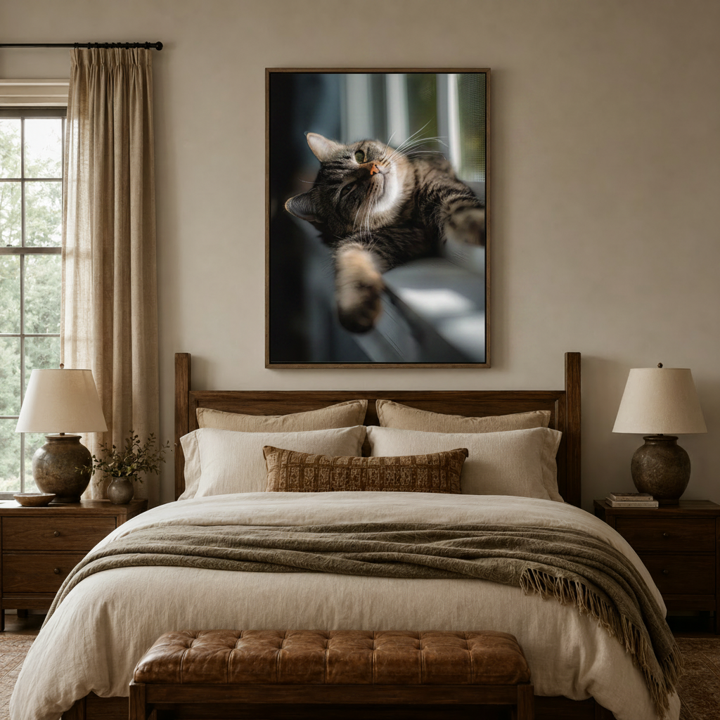 Lazy tabby cat sunlight photo canvas wall art hanging above bed in cozy bedroom interior