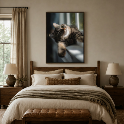 Lazy tabby cat sunlight photo canvas wall art hanging above bed in cozy bedroom interior