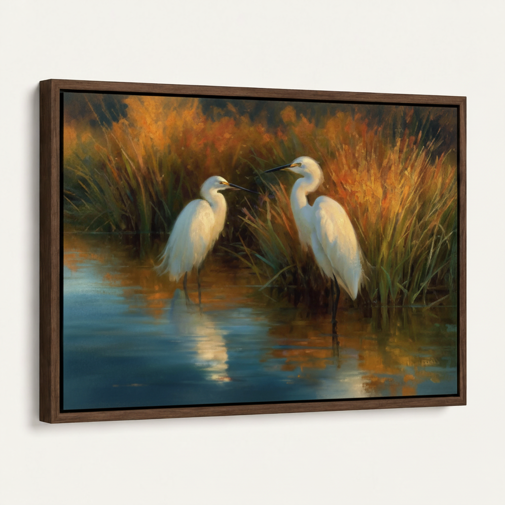 Two white egrets autumn wetland classical canvas in dark walnut float frame, angled product view on white background