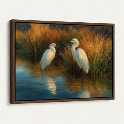 Two white egrets autumn wetland classical canvas in dark walnut float frame, angled product view on white background