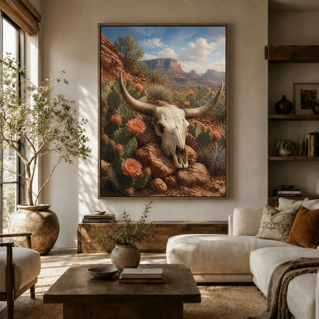Large Western desert skull canvas wall art hung in warm modern living room above sideboard