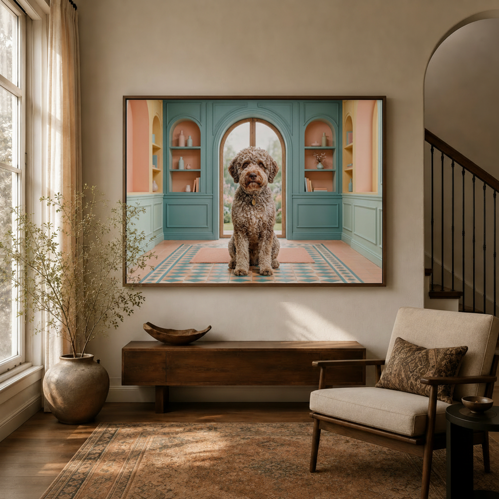 Whimsical labradoodle pastel room canvas art hanging in warm entryway with arched doorway