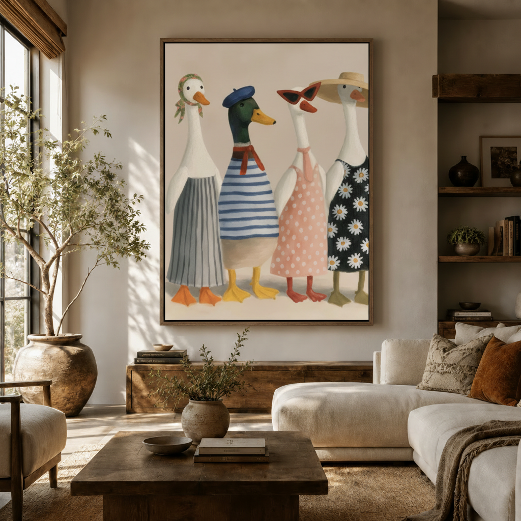 Large fashionable ducks illustration canvas wall art hung above sideboard in warm modern living room