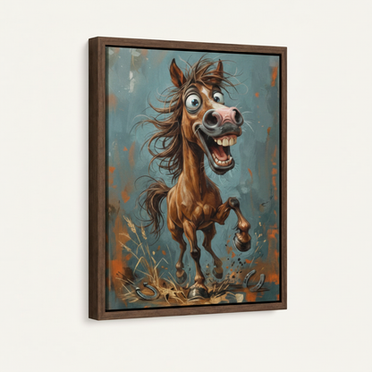 Framed canvas of a wild laughing horse mid-leap, dark walnut float frame, angled product view